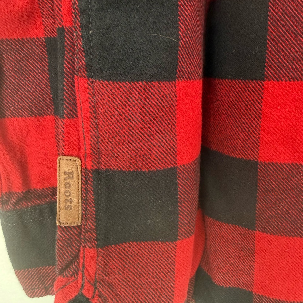 BNWOT Roots Canada Red Black Buffalo Plaid Flannel Shirt Jacket Elbow Patches L - Picture 7 of 9